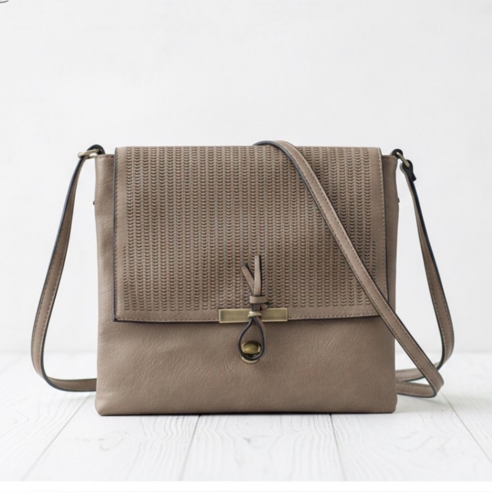 Boho Laser-Cut Crossbody Bag Taupe Earthy Minimalist Vegan Leather StripedLining